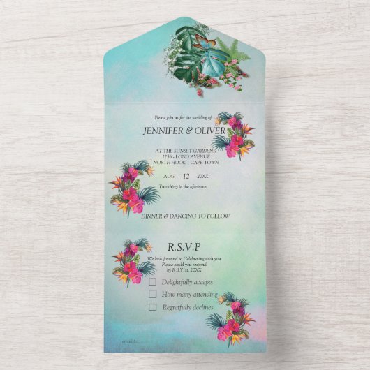 Tropische Flora paradijs in één bruiloft All In One Uitnodiging (Binnen)