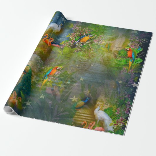 Tropische Flora Paradise en Parrots Cadeaupapier (Uitgerold)