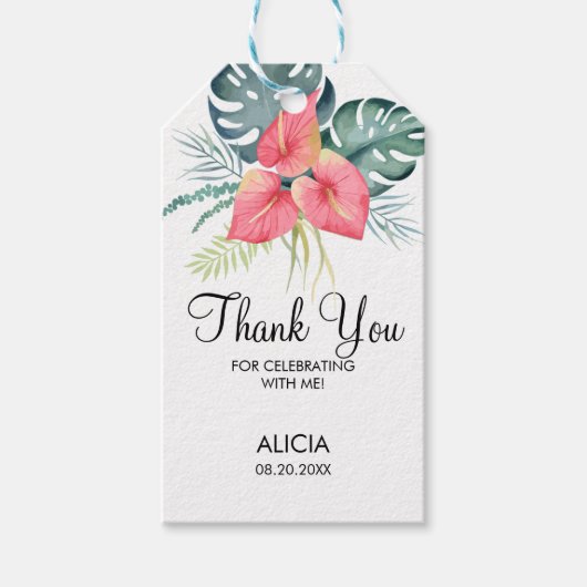 Tropische Flora Roze Anthurium & Monstera Dank u Cadeaulabel (Voorkant)
