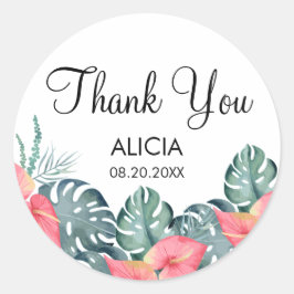 Tropische Flora Roze Anthurium & Monstera Dank u Ronde Sticker