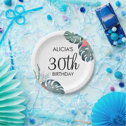 Tropische Flora Roze Anthurium & Monstera Verjaard Papieren Bordje (Feest)