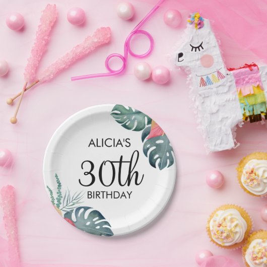 Tropische Flora Roze Anthurium & Monstera Verjaard Papieren Bordje (Feest)