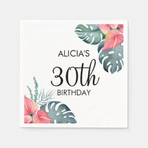 Tropische Flora Roze Anthurium & Monstera Verjaard Servet