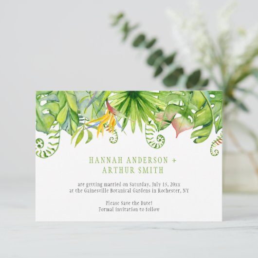 Tropische flora sparen de Datum Uitnodigingen | (Staand voorkant)