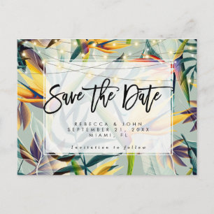 tropische floraallichten bruiloft redden met datum aankondigingskaart