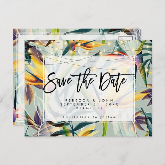 tropische floraallichten bruiloft redden met datum aankondigingskaart (Voorkant / Achterkant)