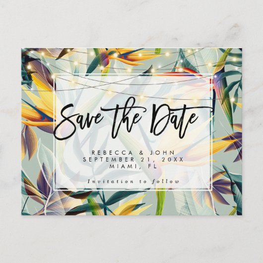 tropische floraallichten bruiloft redden met datum aankondigingskaart (Voorkant)