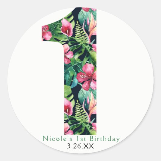 Tropische Floral 1 Hibiscus Hawaiian 1ST Birthday Ronde Sticker (Voorkant)