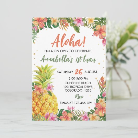 Tropische Floral Aloha First Luau Birthday Kaart (Staand voorkant)