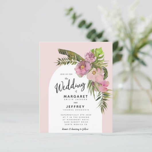 Tropische Floral Arch Budget Summer Weduwen Uitnod (Staand voorkant)