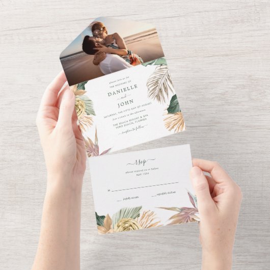  Tropische Floral Beach foto Weddenschap RSVP All In One Uitnodiging (Afscheurbaar)