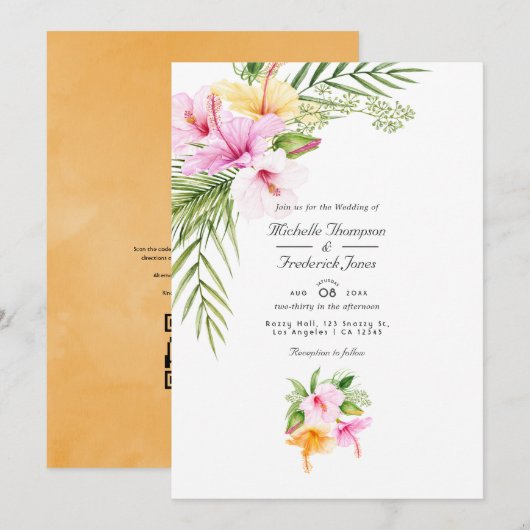 Tropische Floral Beach QR Code RSVP Weddenschap Kaart (Voorkant / Achterkant)