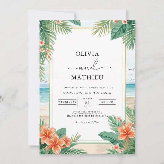 Tropische Floral Beach Wedding Kaart (Voorkant)