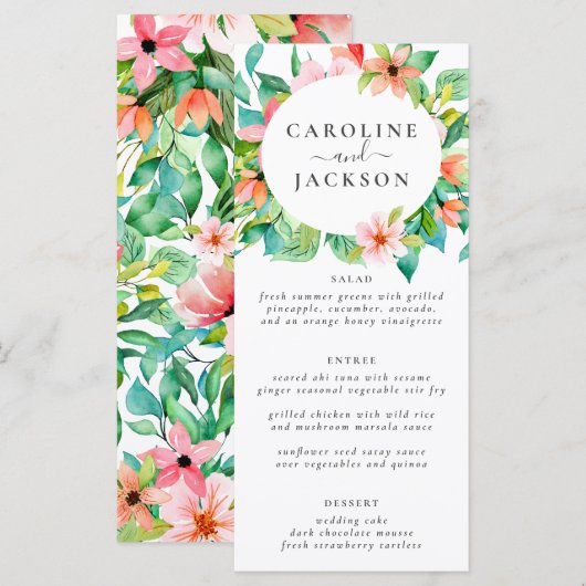 Tropische Floral Beach Wedding Menu (Voorkant / Achterkant)