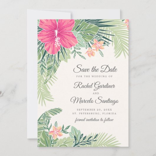 Tropische Floral Beach Wedding Save the Date (Voorkant)