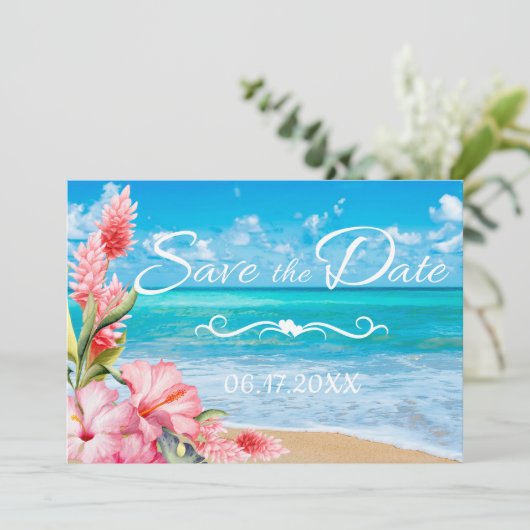 Tropische Floral Beach Wedding Save the Date Kaart (Staand voorkant)