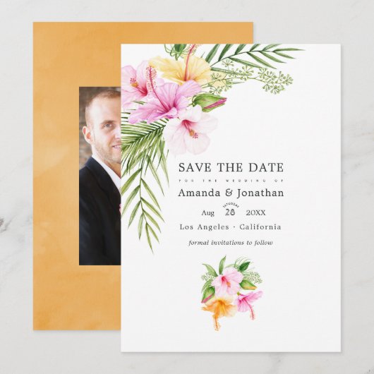 Tropische Floral Beach Weduwfoto Save The Date (Voorkant / Achterkant)