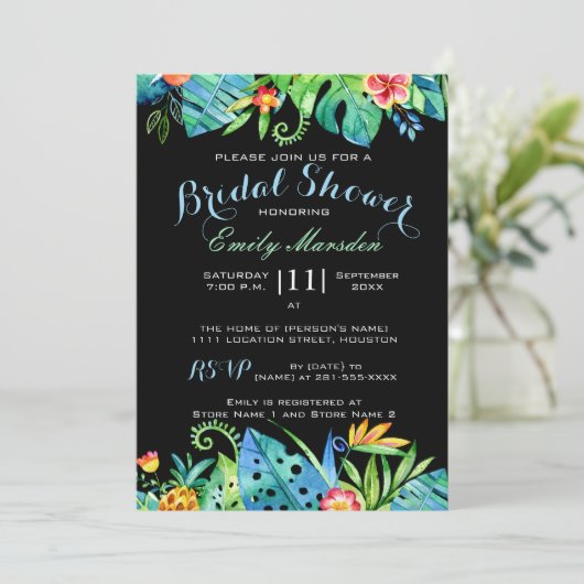 Tropische Floral Black Bridal Shower Invitation Kaart (Staand voorkant)