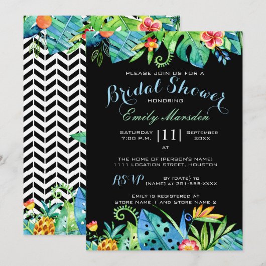 Tropische Floral Black Bridal Shower Invitation Kaart (Voorkant / Achterkant)