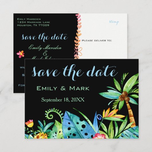 Tropische Floral Black sparen de datum Kaart (Voorkant / Achterkant)