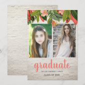 Tropische Floral Brick Afstuderen Fotouitnodiging Kaart (Voorkant / Achterkant)