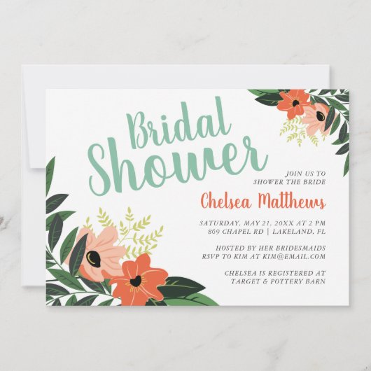 Tropische Floral Bridal Shower Invitation Kaart (Voorkant)