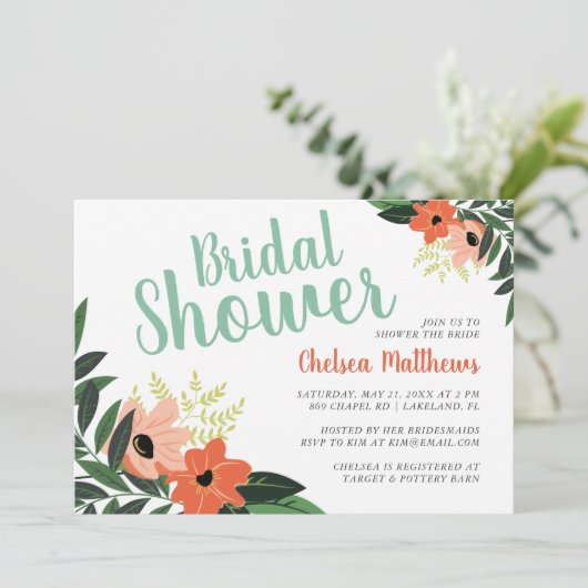 Tropische Floral Bridal Shower Invitation Kaart (Staand voorkant)