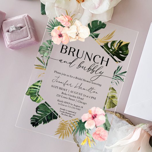 Tropische Floral Brunch en Bubble Vrijgezellenfees Acryl Uitnodigingen