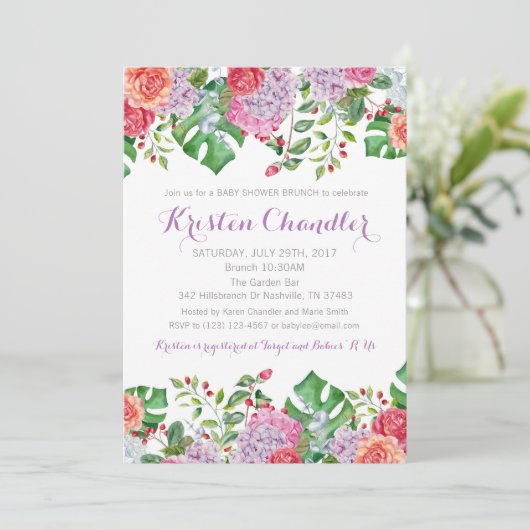 Tropische Floral Brunch Girl Baby shower Invitatio Kaart (Staand voorkant)
