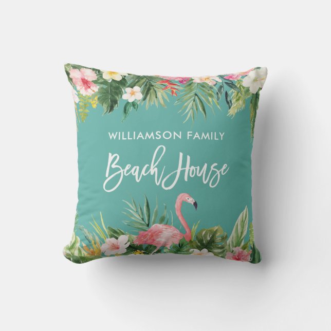 Tropische Floral Brush Script Family Beach House Buitenkussen (Voorkant)