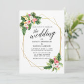Tropische Floral Calligraphy Gold Lijst Wedding Kaart (Staand voorkant)