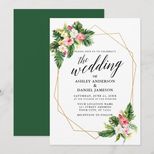 Tropische Floral Calligraphy Gold Lijst Wedding Kaart (Voorkant / Achterkant)