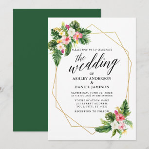 Tropische Floral Calligraphy Gold Lijst Wedding Kaart