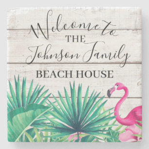 Tropische Floral Familienaam Beach House welkom Stenen Onderzetter
