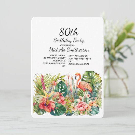Tropische Floral Flamingo 80th Birthday Kaart (Staand voorkant)