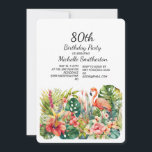 Tropische Floral Flamingo 80th Birthday Kaart<br><div class="desc">De 80ste verjaardag van de geboorte van vrouwen werd uitgenodigd met een prachtige roze flamingo op tropische bladeren en de florale achtergrond. Deze kaart kan voor iedereen van elke leeftijd worden aangepast. Neem contact met mij op voor hulp bij uw aanpassingen of om aanvullende Zazzle-producten aan te vragen of te...</div>
