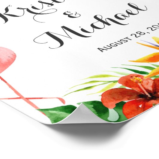 Tropische Floral Flamingo Couple Luau Wedding Sign Poster (Hoek)