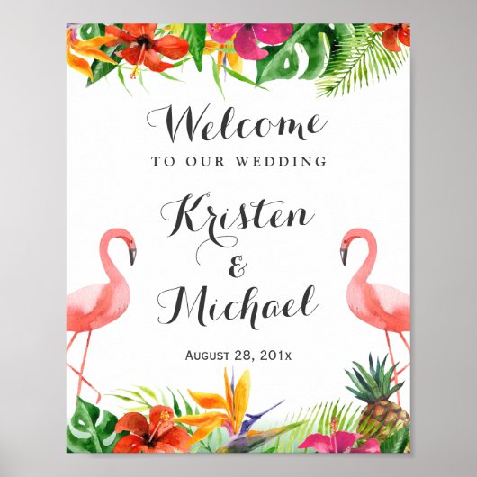 Tropische Floral Flamingo Couple Luau Wedding Sign Poster (Voorkant)