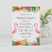 Tropische Floral Flamingo Couple Weddenschap Kaart (Staand voorkant)