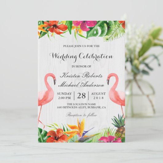 Tropische Floral Flamingo Couple Weddenschap Kaart (Staand voorkant)