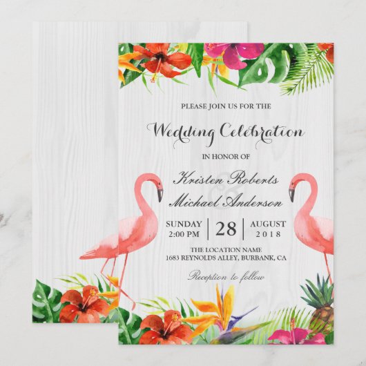Tropische Floral Flamingo Couple Weddenschap Kaart (Voorkant / Achterkant)