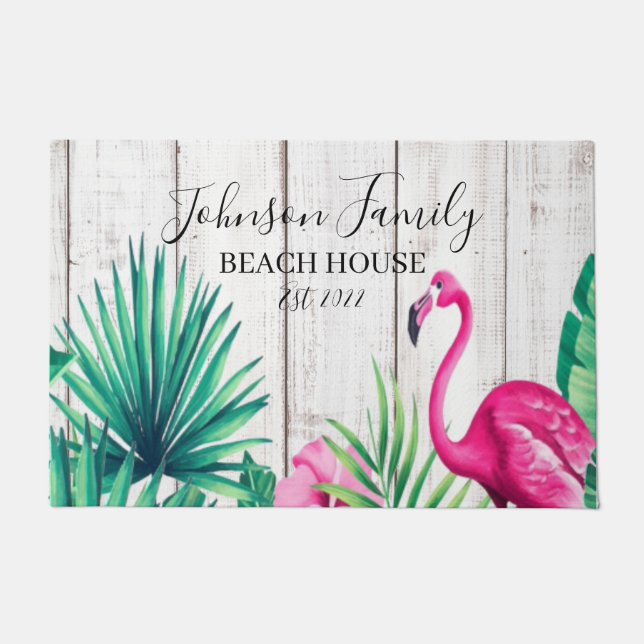 Tropische Floral Flamingo Familienaam Beach House Deurmat (Voorkant)