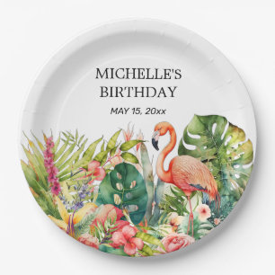 Tropische Floral Flamingo Happy Birthday Name Papieren Bordje