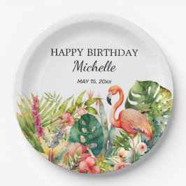 Tropische Floral Flamingo Happy Birthday Name Papieren Bordje