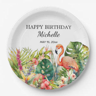 Tropische Floral Flamingo Happy Birthday Name Papieren Bordje