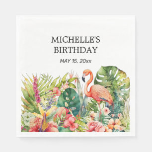 Tropische Floral Flamingo Happy Birthday Name Servet