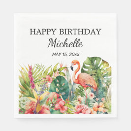 Tropische Floral Flamingo Happy Birthday Name Servet