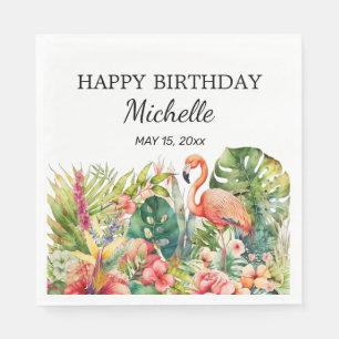 Tropische Floral Flamingo Happy Birthday Name Servet