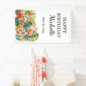 Tropische Floral Flamingo Happy Birthday Name Spandoek (Insitu)
