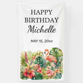 Tropische Floral Flamingo Happy Birthday Name Spandoek